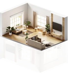 Isometric view of a bright, modern living room with wooden floors and plants in an airbnb rental property